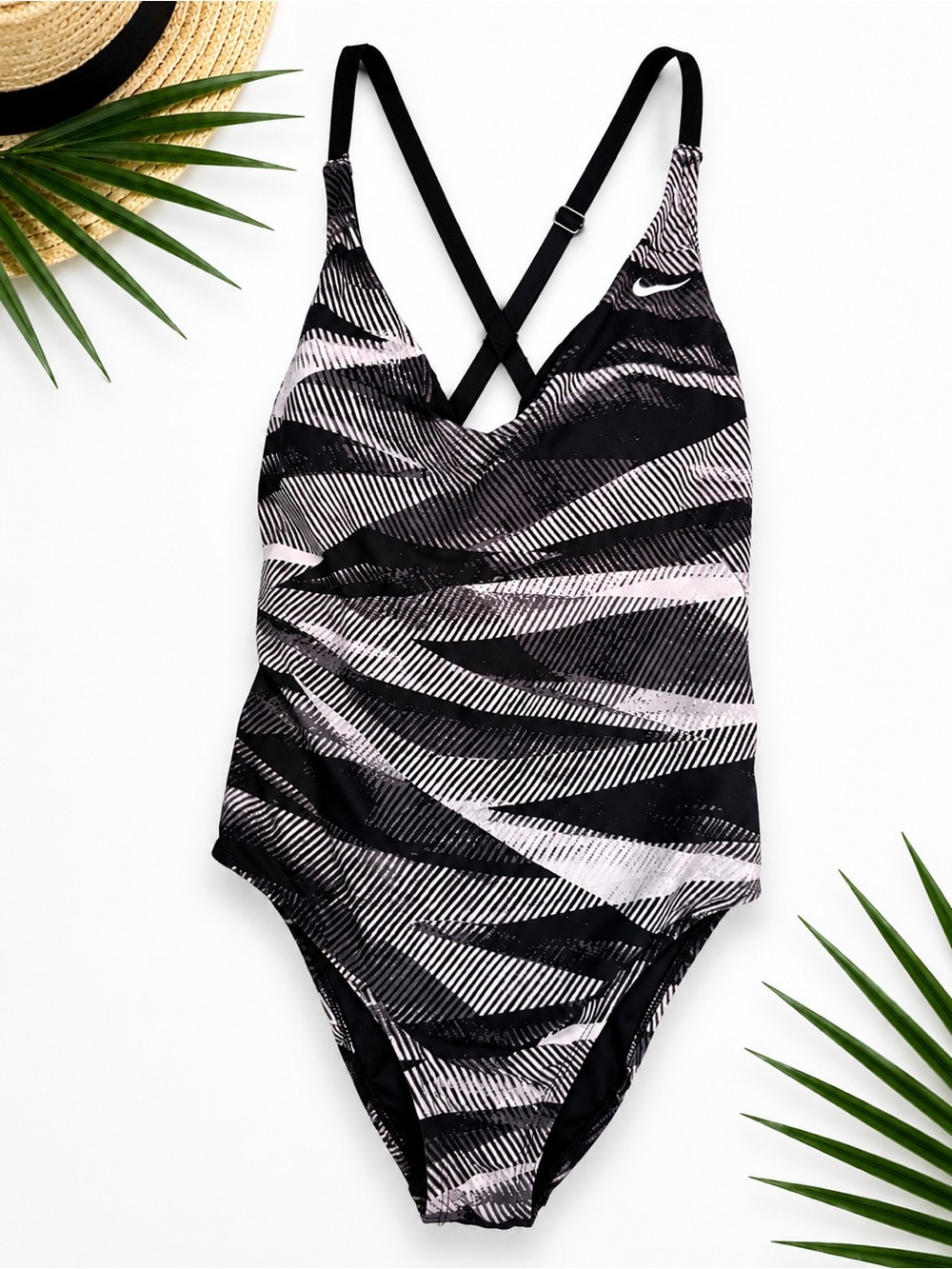 Nike One Piece Swimsuit Gray Black Abstract Print Criss Cross Back Padded